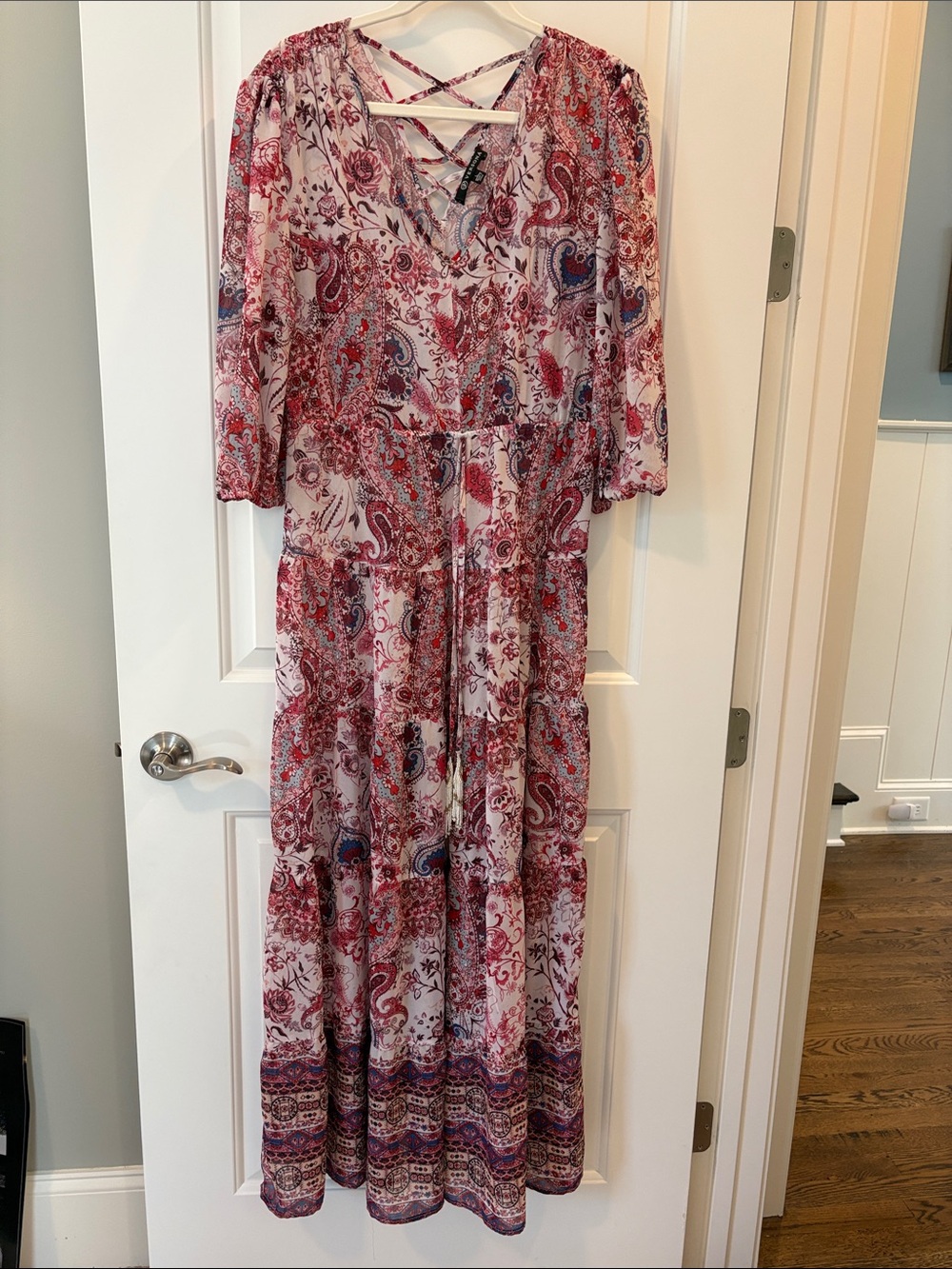 Versona Pink Paisley Tiered Maxi Dress with Crisscross Back